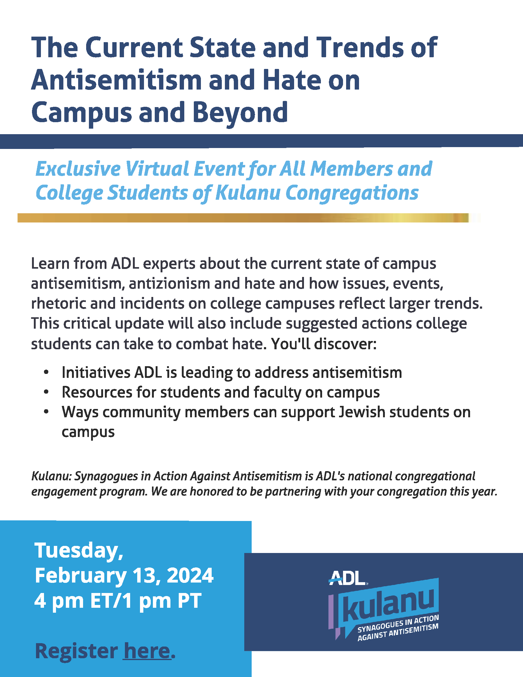 ADL Kulanu Webinar: The Current State and Trends of Antisemitism and Hate on Campus and Beyond